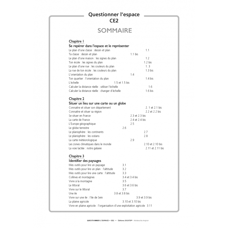 sommaire Questionner l’espace et les espaces – Géographie – CE2 – Ensemble pédagogique complet – JOCATOP