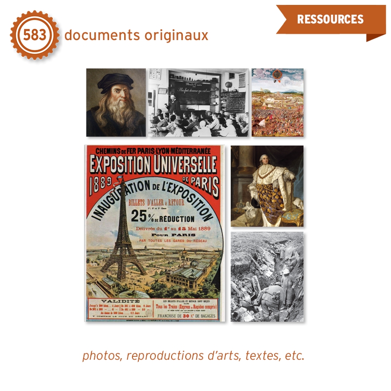 Les leçons sont enrichies par 583 documents originaux (dont des photos, reproductions d’œuvres d'arts, textes, etc.).