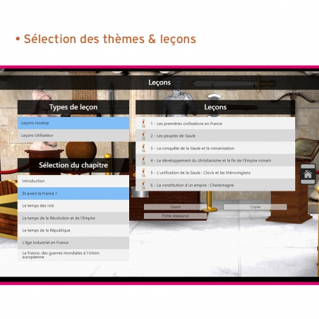 Un menu dédié aux leçons pour naviguer simplement à travers les différents thèmes et leçons liées.