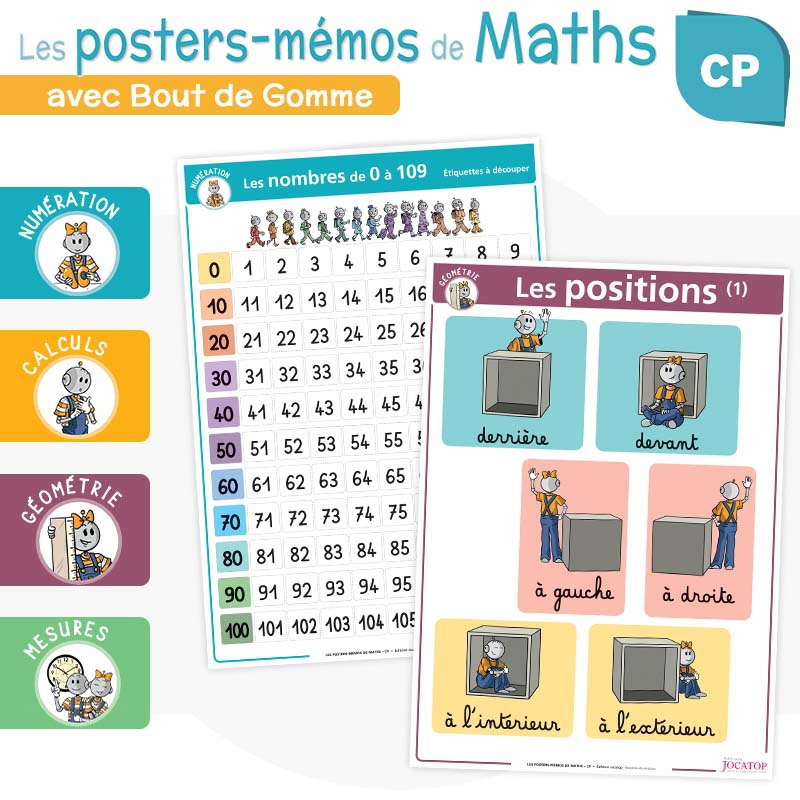 Nombres et calculs, géométrie, grandeurs et mesures – Mathématiques CP – Posters-Mémos avec Bout de Gomme – JOCATOP