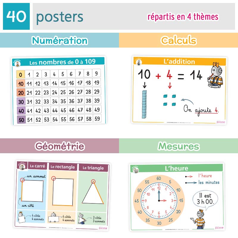 Nombres et calculs, géométrie, grandeurs et mesures – Mathématiques CP – Posters-Mémos avec Bout de Gomme – JOCATOP