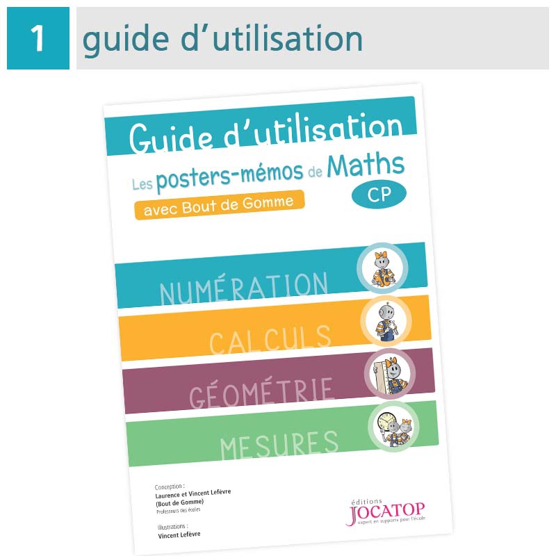 Nombres et calculs, géométrie, grandeurs et mesures – Mathématiques CP – Posters-Mémos avec Bout de Gomme – JOCATOP
